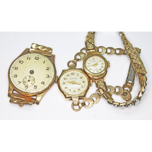 103 - Three 9ct gold wristwatches comprising a gent's and two ladies with gold plated straps.