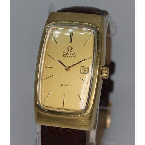 86 - An Omega De Ville gold plated calendar watch, circa 1970, case length 43mm, manual wind, later leath... 