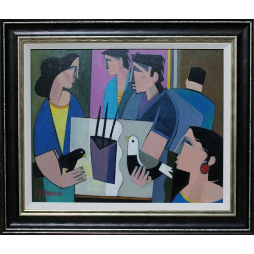 111 - Peter Stanaway (b1943), The Bird Society, oil on board, 48cm x 38cm, signed, inscribed verso, framed... 