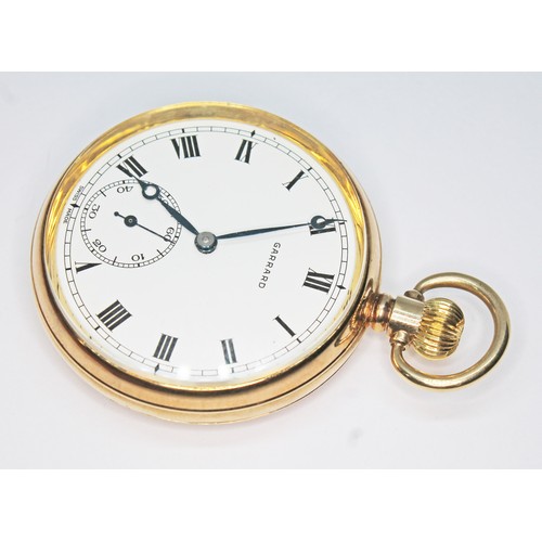 78 - A 9ct gold Garrard open faced pocket watch, crown wind and advance, gross wt. 71g, diam. 50cm.