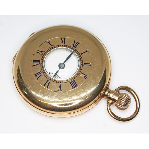 79 - An Omega 9ct gold half hunter pocket watch, signed enamel dial with Roman numerals and seconds subsi... 