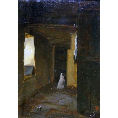 130 - Arthur Lucas (1845-1922), Patience, oil on panel, 16.5cm x 24cm, monogrammed, labelled verso, titled... 