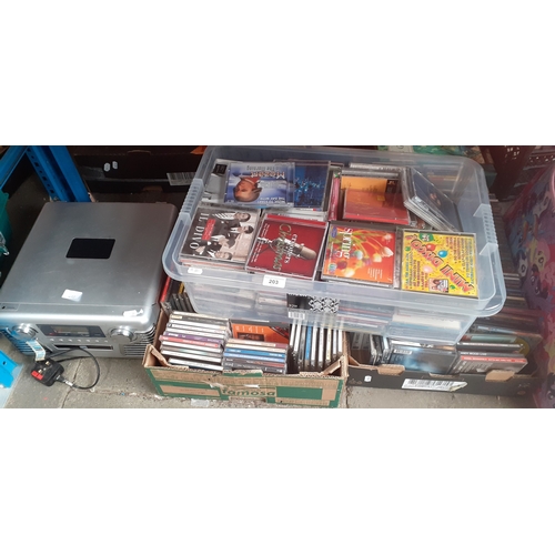 203 - 3 boxes of various CDs and a CD / record player.