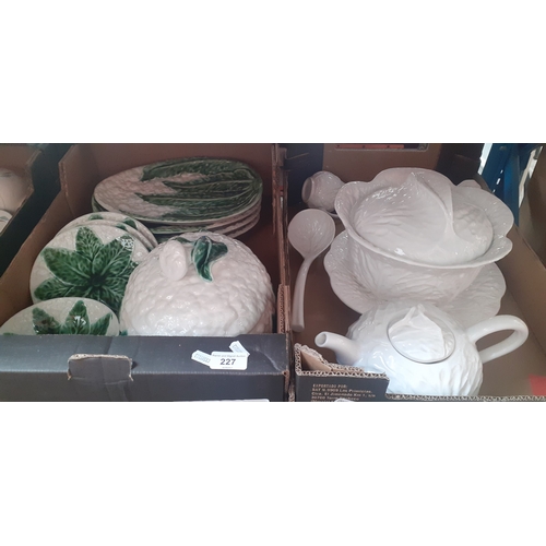 227 - 2 boxes of cabbage leaf pottery including green Portugese and white