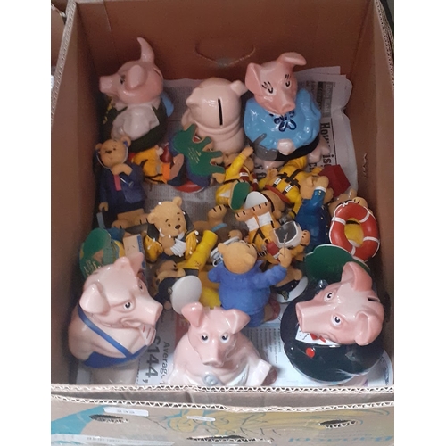 232 - A box of composite teddies and 5 Natwest Wade piggy banks + 1 Sylvac piggy bank.