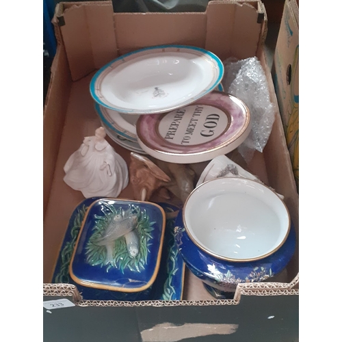 233 - A box of ceramics including Carlton ware pedestal bowl, Majolica sardine dish, Coalport figure Saman... 