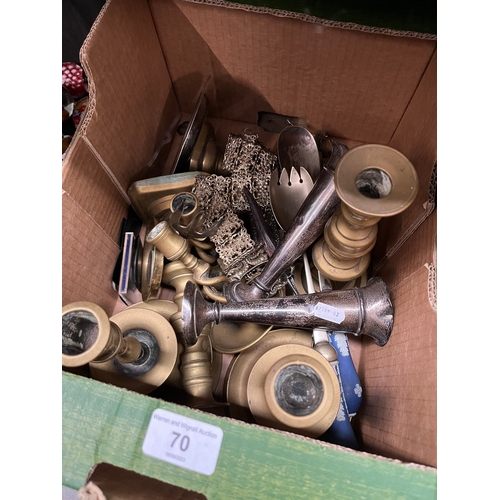 70 - A box of assorted metal ware including silver vases, a white metal nurses belt, brass candlesticks e... 