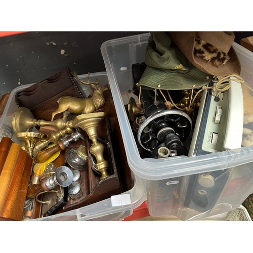 89 - Two boxes of assorted items including brass ware, desk treen, Australian hats, Bush radio, vintage t... 