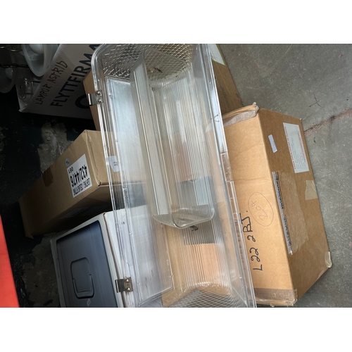 93 - A ceiling light fitting and 2 boxes of glass covers, a boxed circular flourescent fitting,