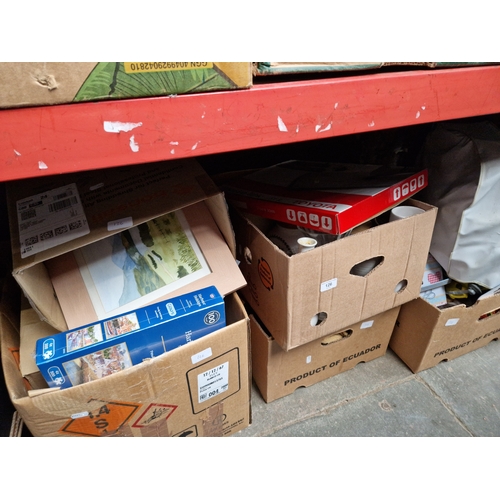 126 - 5 boxes of mixed items including pictures, jigsaws, Christmas decorations, CD player, storage jars, ... 