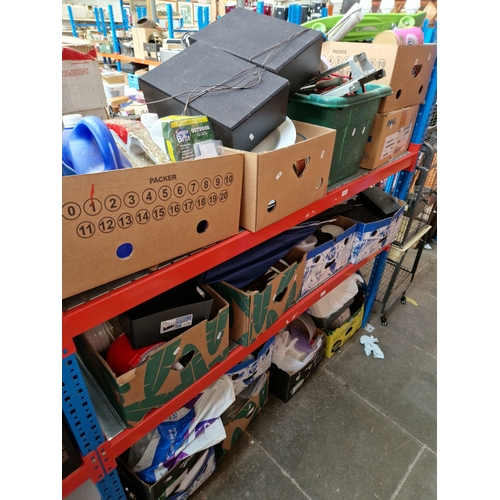 130 - 15 boxes of mixed items on 3 shelves including garage ware,  ceramic tiles, kitchen ware, tools, ska... 