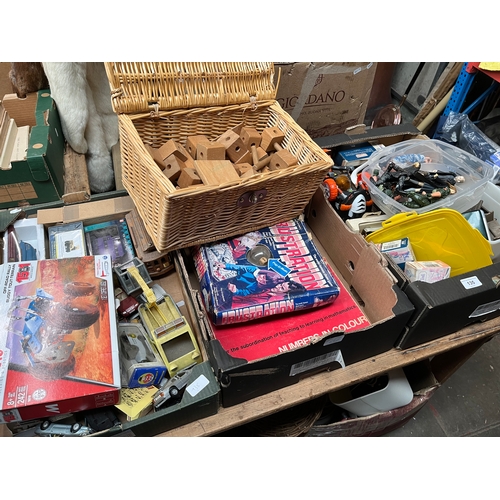 135 - Three boxes and a wicker basket of toys including Meccano, boxed model vehicles - Lledo Days Gone, w... 