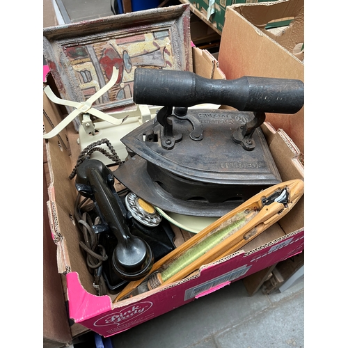 138 - A box of misc items including a mounted painted tile (as found), a set of Harper weighing scales and... 