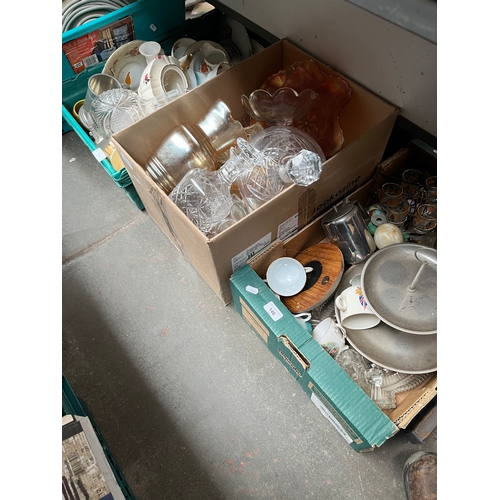 146 - 3 boxes of mixed pottery and glass including decanters