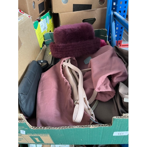 161 - A box containing ladies  handbags (Radley) and purses