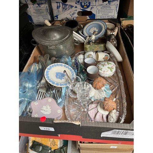 170 - A box of ornaments etc including Wedgwood jasper ware, cutlery, pewter tea caddy, glass ware and a c... 