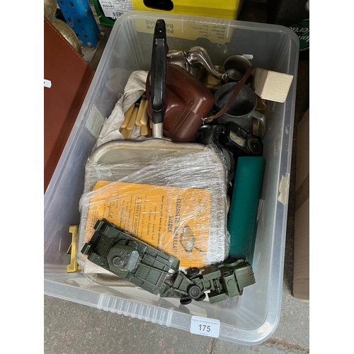 175 - A box of collectables including Dinky Centurion Tank, epns, camera, pewter tankard etc .