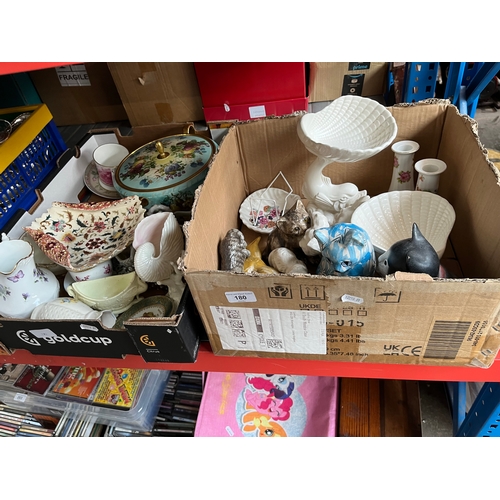 180 - Two boxes of assorted ceramics including cats, jugs, lidded pedestal bowl etc