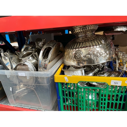 181 - A large quantity of plated ware in two boxes including coffee pots, tray, punch bowl etc