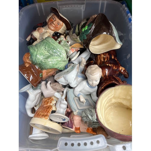 198 - A box of ceramics to include Lladro, Nao, Spode Doulton character jugs, etc. and a box of crested wa... 