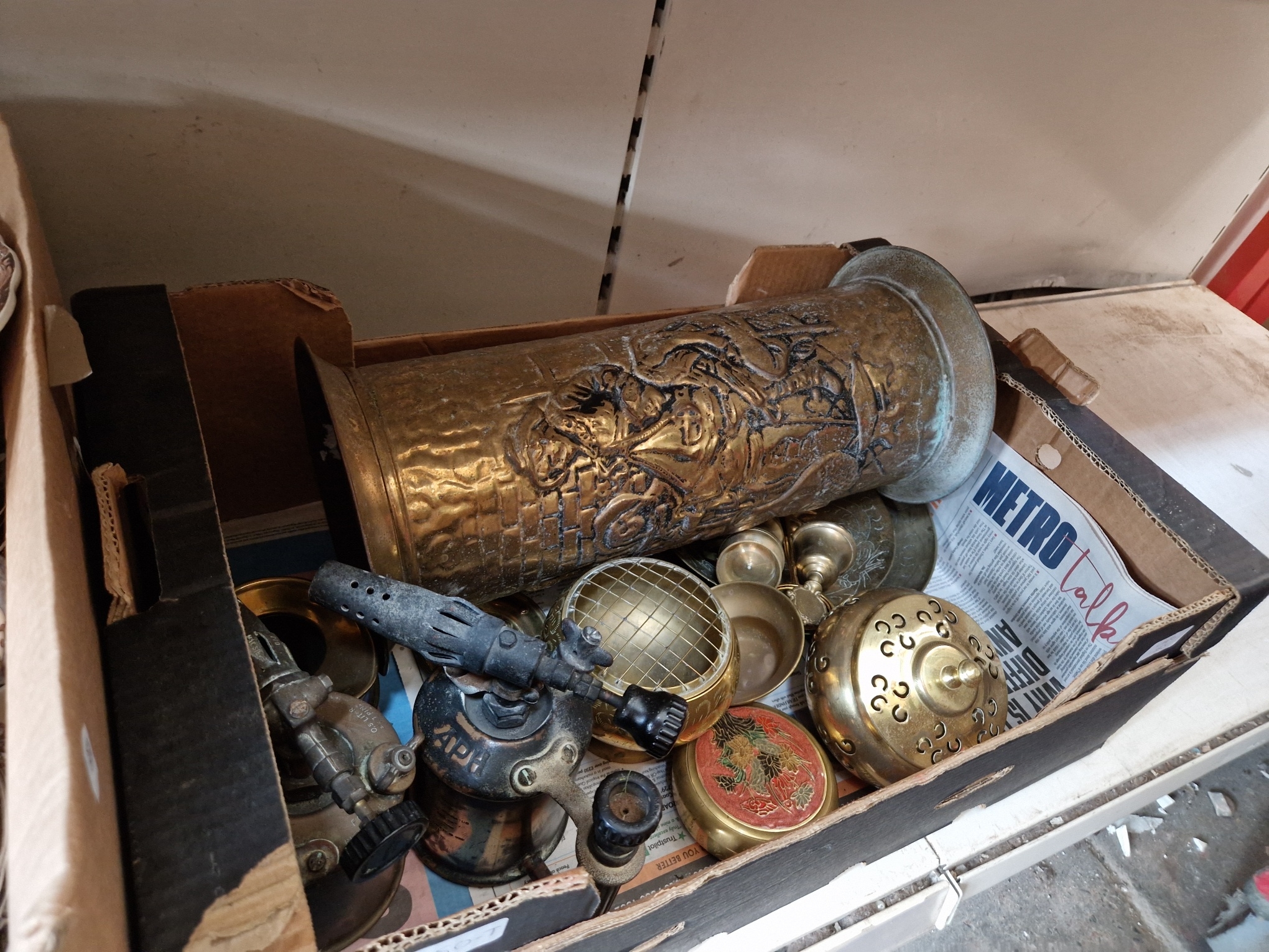 A Box Of Brass And Copper Ware Including Two Vintage Brass Blow Torches