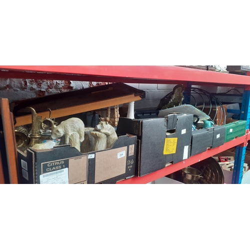 254 - 4 boxes of various items including pottery, ornaments, a water feature, metal ware, treen, a taxider... 