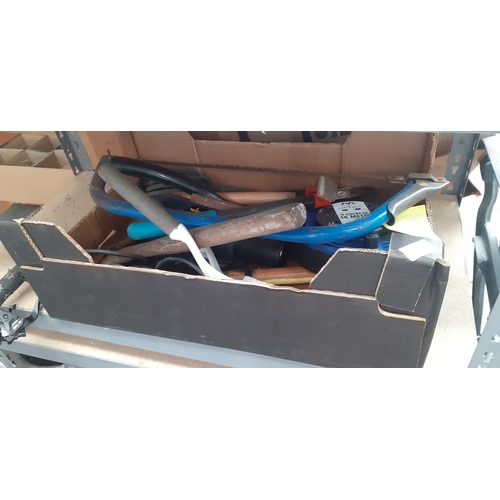 289 - 2 bundles of garden tools, a box of tools and an electric strimmer