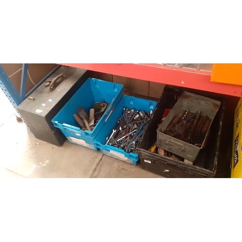 361 - 3 crates and 1 galvanised trough of various tools together with an empty joiner's box.