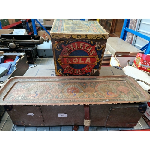 251 - A vintage Bare Laundry Morecambe box with a peacock decorated tray and a vintage biscuit box.