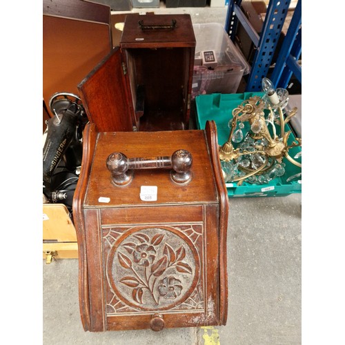 205 - A wooden coal bucket and a microscope box.