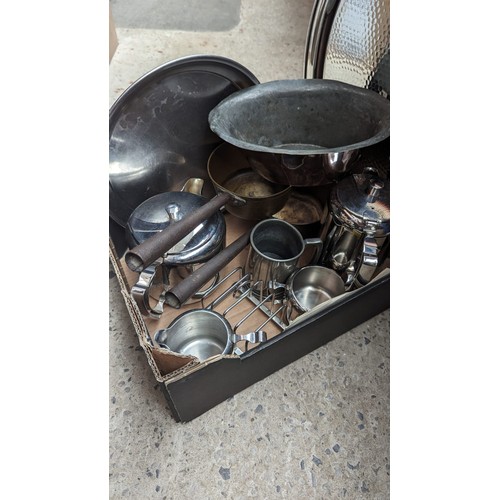 399 - A vintage 1950s Olde Hall stainless tea set together with two brass jam pans, pewter tankard, jelly ... 