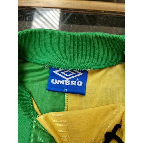 90 - Manchester United  yellow and green Umbro shirt with Sharp Logo and Cantona on back, artist signed p... 