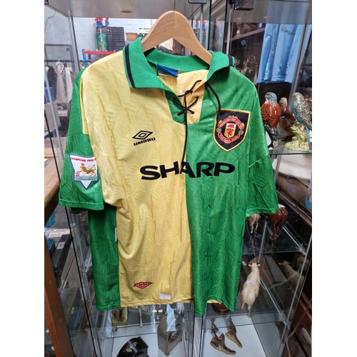 90 - Manchester United  yellow and green Umbro shirt with Sharp Logo and Cantona on back, artist signed p... 