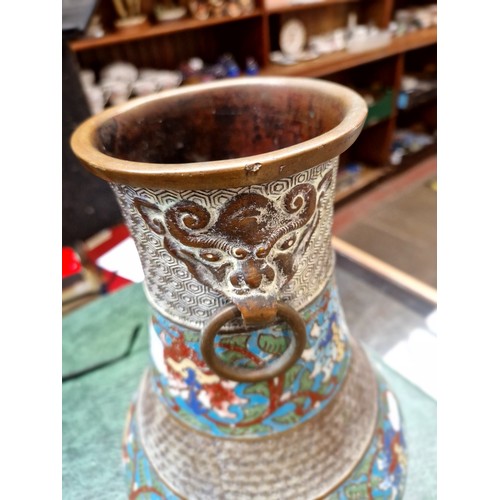 16 - A Chinese brass and cloisonne twin handles vase, height 34cm.