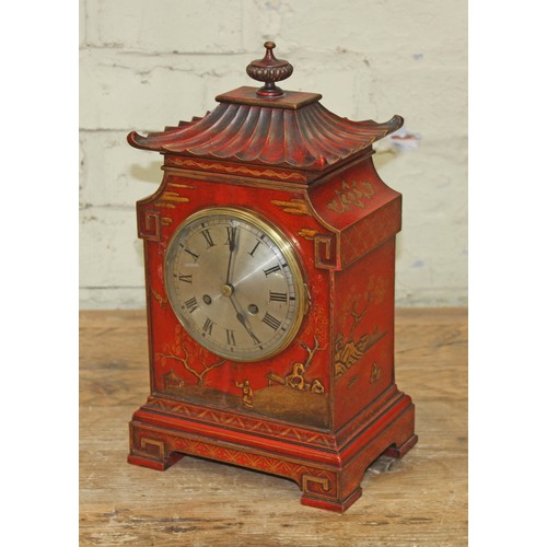 105 - An early 20th century scarlet japanned chinoiserie mantle clock, pagoda top, unsigned 4 3/4