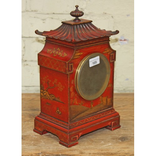 105 - An early 20th century scarlet japanned chinoiserie mantle clock, pagoda top, unsigned 4 3/4