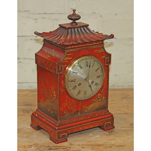 105 - An early 20th century scarlet japanned chinoiserie mantle clock, pagoda top, unsigned 4 3/4