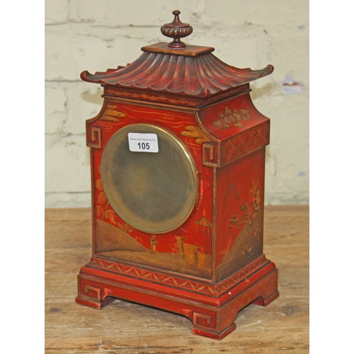 105 - An early 20th century scarlet japanned chinoiserie mantle clock, pagoda top, unsigned 4 3/4