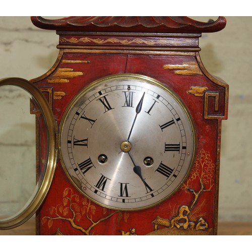 105 - An early 20th century scarlet japanned chinoiserie mantle clock, pagoda top, unsigned 4 3/4