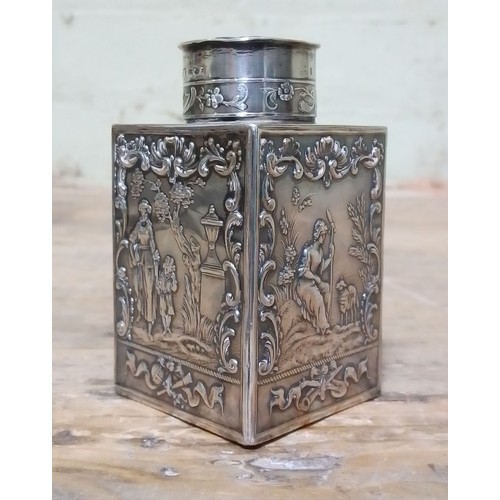 122 - A Dutch imported silver caddy, of rectangular form and embossed with scenes, Berthold Hermann Muller... 