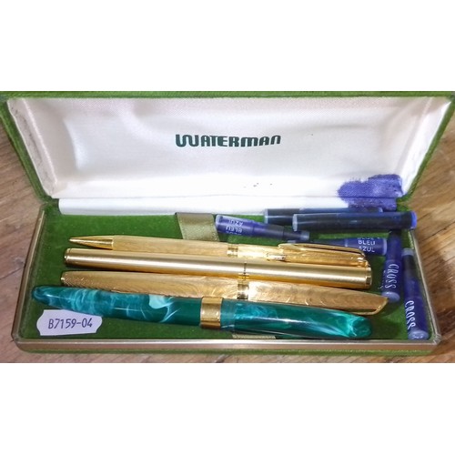 396 - Various pens including Wearever fountain pen, a Sheaffer fountain pen and a matching Waterman gold p... 