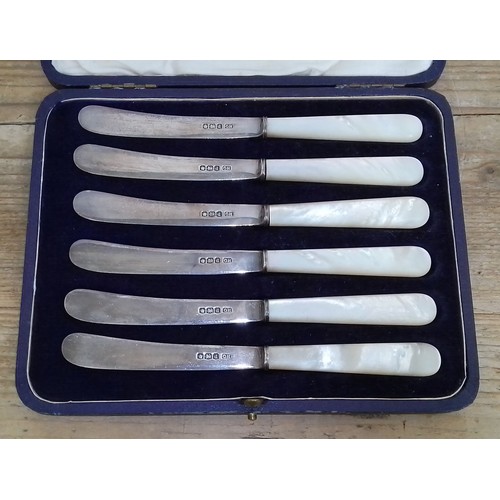 404 - A cased set of six silver bladed and mother of pearl handle butter knives.