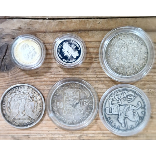 441 - A group of silver coins to include 2 crowns (1935 & 1937) & a 1921 American Dollar etc.