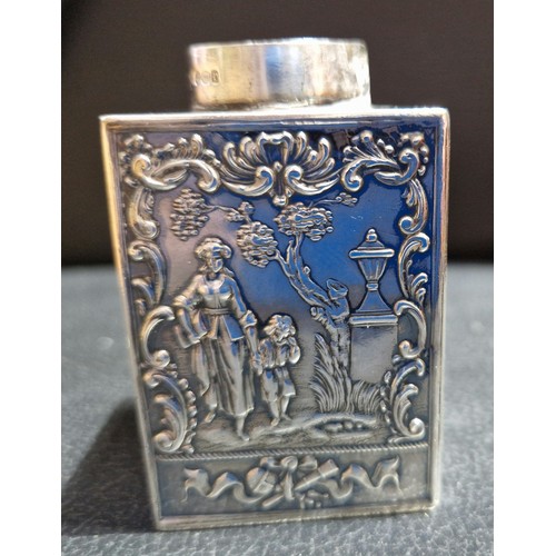 122 - A Dutch imported silver caddy, of rectangular form and embossed with scenes, Berthold Hermann Muller... 