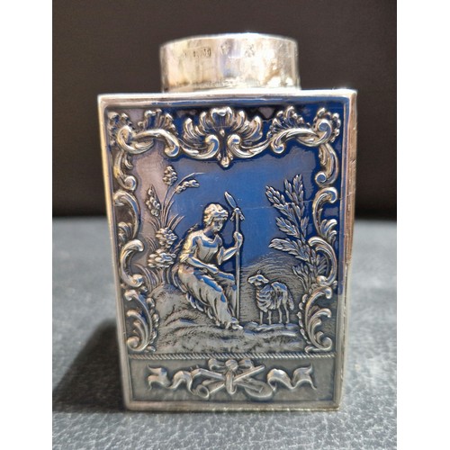 122 - A Dutch imported silver caddy, of rectangular form and embossed with scenes, Berthold Hermann Muller... 