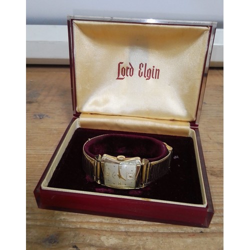 450 - A vintage Lord Elgin Art Deco style gold plated wristwatch with box.