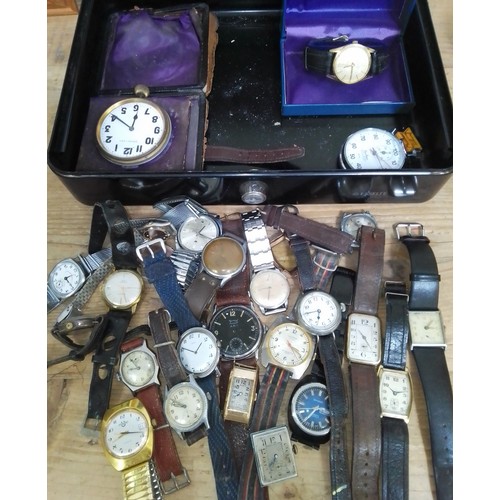 449 - A tin of assorted vintage watches including a Services Transport ARP watch, rolled gold, trench type... 