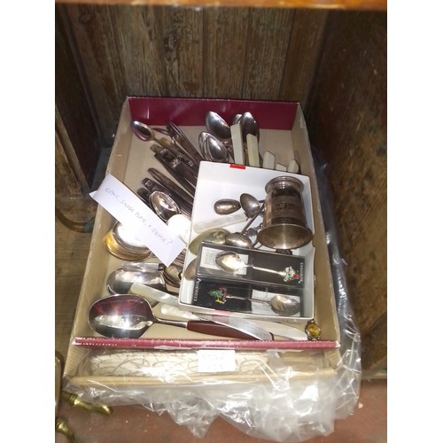 92 - A tray of assorted mainly silver plated and two hallmarked silver apostle spoons, together with a tr... 