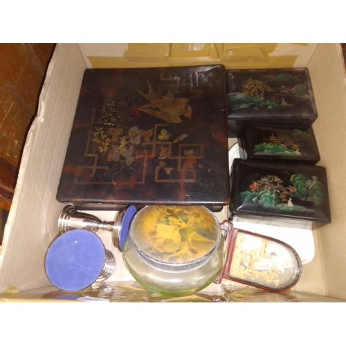 83 - A box of collectables including japanned and Russian boxes, plated candlesticks, etc.