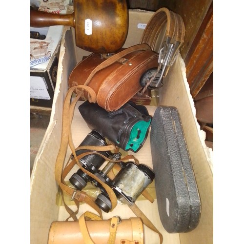 89 - A box of misc items including Canon 28mm lens, a pair of binoculars, a Sea Dog telescope, a sewing t... 